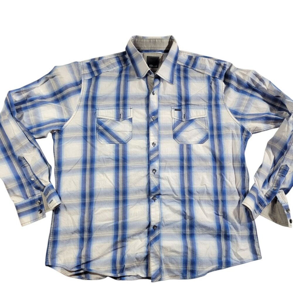 7 Diamonds Shirt Mens 2XL Blue Plaid Long Sleeve Button Up Casual